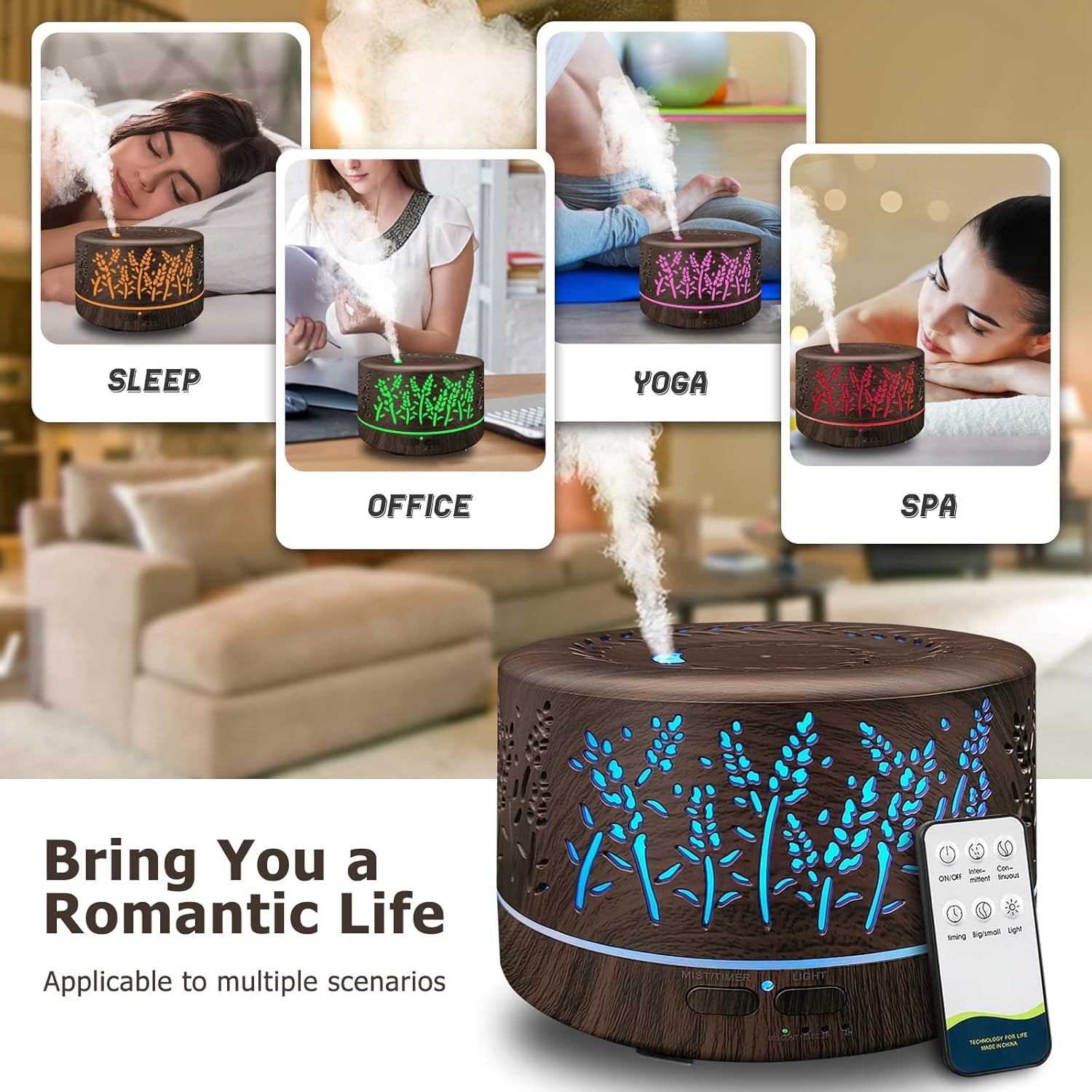 Large Room Essential Oil Diffuser 600ml with Remote Control, Cool Mist Humidifier, 7 Color Lights, 3 Mist Modes, and Waterless Auto Shut-Off for Home and Office